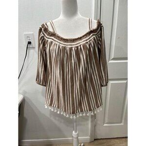 Entro off shoulder striped blouse with tassels on hem size Large